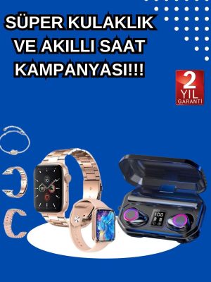 Kadınlar İçin 3 Kordonlu Akıllı Saat ve Dijital Göstergeli Powerbankli Bluetooth Kulaklık Dokunmatik Kontrol