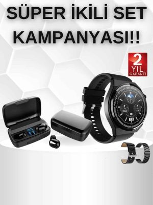 Kablosuz Bluetooth Kulaklık ve Kordon Hediyeli Akıllı Saat Nabız Ölçer Uzun Pil Ömrü