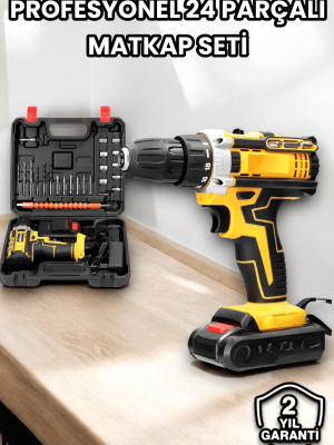 Metal Dişli 24W Akülü Matkap -Çift Bataryalı ve LED Çalışma Işığı ile Tam Set