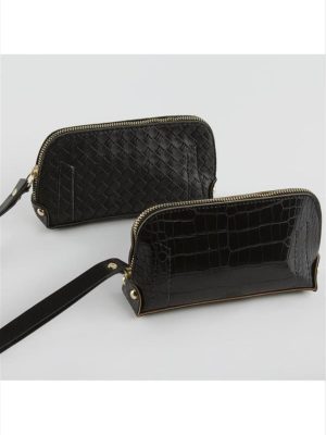 Karışık Desenli Siyah Dikdörtgen Deri Cüzdan-Siyah