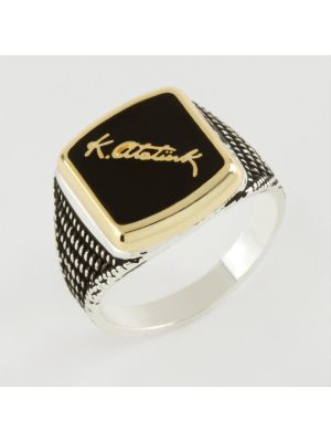 Mustafa Kemal Atatürk İmzalı Metal Erkek Yüzük-Sarı