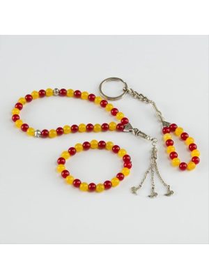 3' lü Doğal Taş Set Anahtarlık,Bileklik,Tesbih-Kırmızı