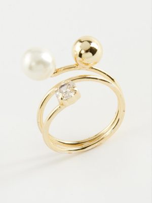 Yuvarlak İnci Metal Yüzük-Sarı