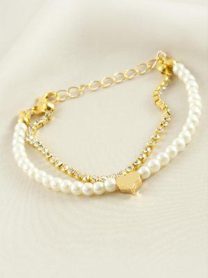 Kalp Şerit Taşlı İnci Bileklik-Sarı