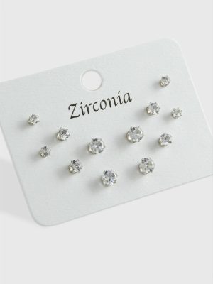 12 Adet Zirkon Tek Taşlı Küpe-Gümüş Rengi