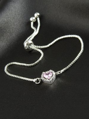 Kalp Zirkon Taşlı Asansörlü Bileklik  Ciddi İlişki Bilekliği-Açık Pembe