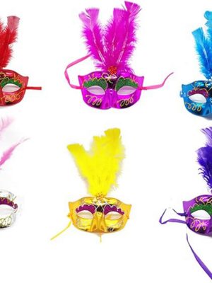 Renkli Tüylü Venedik Parti Maskesi Karışık Renk 12 Adet