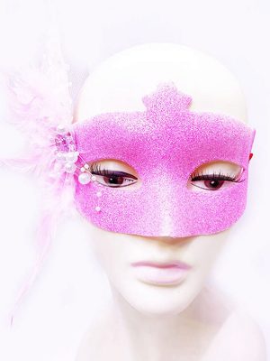 Sim İşlemeli İnci Boncuk Detaylı Tüylü Balo Maskesi Pembe Renk 13x18 cm