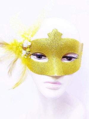 Sim İşlemeli İnci Boncuk Detaylı Tüylü Balo Maskesi Altın Renk 13x18 cm