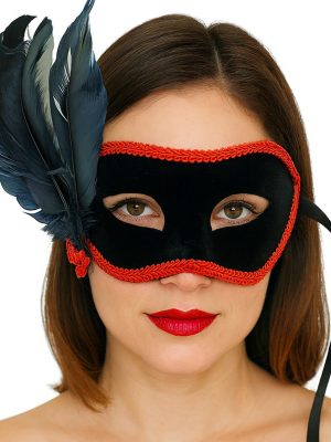 Siyah Renk Yandan Tüylü Siyah Süet Kaplama Parti Balo Maskesi 21x20 cm