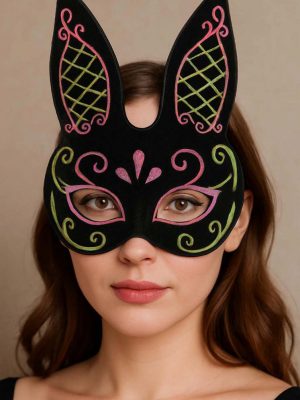 Siyah Renk Pembe Gold Simli Siyah Süet Kaplama Tavşan Maskesi 18x16 cm