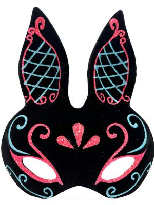 Siyah Renk Mavi Kırmızı Simli Siyah Süet Kaplama Tavşan Maskesi 18x16 cm
