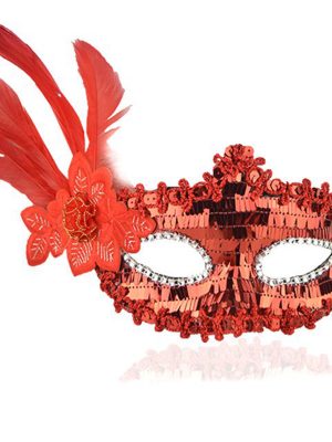 Kırmızı Payetli Pullu Kırmızı Renk Yandan Tüylü Parti Maskesi 18x22 cm