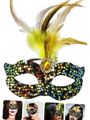 Siyah Kadife Üzeri Rengarenk Payetli Pullu Sarı Tüylü Sarı Taşlı Parti Maskesi 19x21 cm