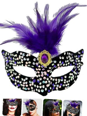 Siyah Kadife Üzeri Rengarenk Payetli Pullu Mor Tüylü Mor Taşlı Parti Maskesi 19x21 cm