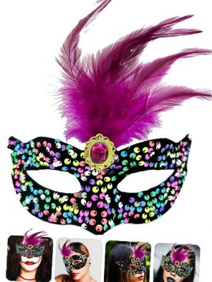 Siyah Kadife Üzeri Rengarenk Payetli Pullu Pembe Tüylü Pembe Taşlı Parti Maskesi 19x21 cm