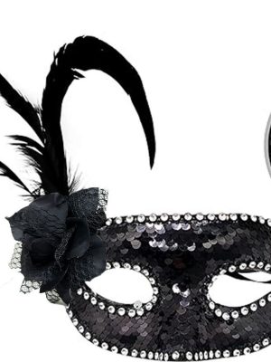 Siyah Renk Yandan Tüylü Güllü Gümüş Taşlı Pullu Maske 20x22 cm