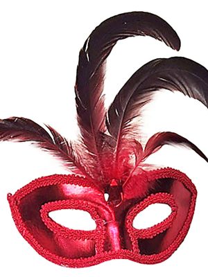 Kırmızı Renk Rugan Kaplama Kırmızı Tüylü Parti Maskesi 18x20 cm