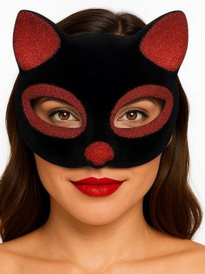 Siyah Renk Kırmızı Simli Süet Kaplama Kedi Maskesi 18x14 cm
