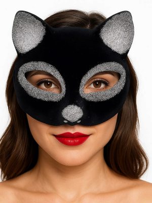 Siyah Renk Gümüş Simli Süet Kaplama Kedi Maskesi 18x14 cm