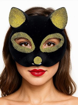 Siyah Renk Gold Simli Süet Kaplama Kedi Maskesi 18x14 cm