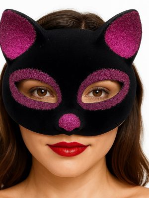 Siyah Renk Fuşya Simli Süet Kaplama Kedi Maskesi 18x14 cm