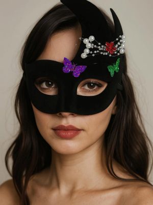 Siyah Renk İncili Taşlı Süet Kaplama Venedik Parti Maskesi 20x22 cm