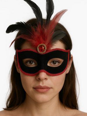 Kırmızı Dantelli Siyah Kırmızı Tüylü Siyah Süet Kaplama Parti Maskesi 17x25 cm