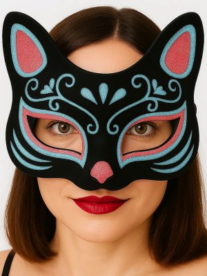 Siyah Renk Süet Kaplama Üzeri Mavi Kırmızı Simli Kedi Maskesi 17x14 cm