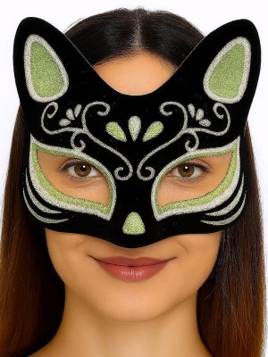 Siyah Renk Süet Kaplama Üzeri Gümüş Yeşil Simli Kedi Maskesi 17x14 cm