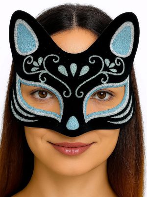 Siyah Renk Süet Kaplama Üzeri Gümüş Mavi Simli Kedi Maskesi 17x14 cm