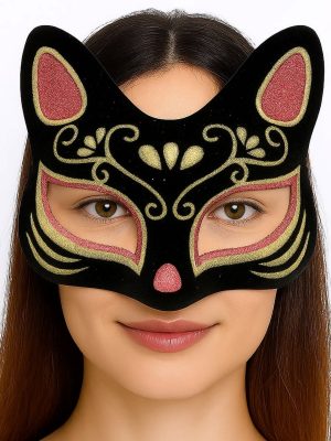 Siyah Renk Süet Kaplama Üzeri Kırmızı Sarı Simli Kedi Maskesi 17x14 cm