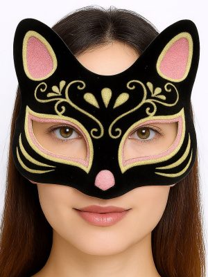 Siyah Renk Süet Kaplama Üzeri Pembe Sarı Simli Kedi Maskesi 17x14 cm
