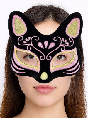 Siyah Renk Süet Kaplama Üzeri Sarı Pembe Simli Kedi Maskesi 17x14 cm