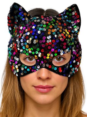 Siyah Kadife Kumaş Üzerine Rengarenk Payetli Pullu Parti Maskesi 16x14 cm