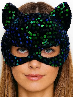 Siyah Kadife Kumaş Üzerine Mavi Yeşil Payetli Pullu Parti Maskesi 16x14 cm