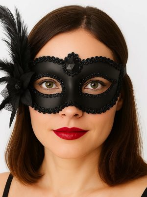 Siyah Mat Renk Yandan Tüylü Güllü Parti Balo Venedik Maskesi 16x22