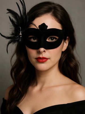 Siyah Renk Yandan Tüylü Süet Kaplama Beyaz İncili Parti Maskesi 18X15 cm