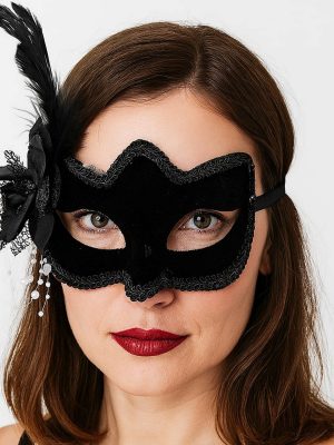 Siyah Renk Yandan Tüylü Beyaz İncili Süet Kaplama A Kalite Lüks Parti Maskesi 20x23 cm