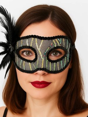 Siyah Renk Yandan Tüylü Pul Payet İşlemeli Parti Maskesi 23x12 cm