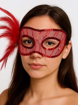 Kırmızı Renk Yandan Tüylü Pul Payet İşlemeli Parti Maskesi 23x12 cm