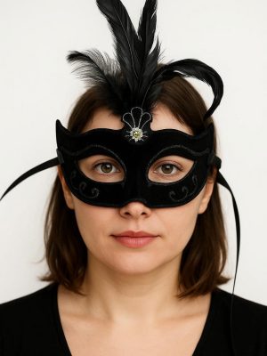 Siyah Renk Tüylü Siyah Süet Kaplama Parti Balo Maskesi 20X16 cm
