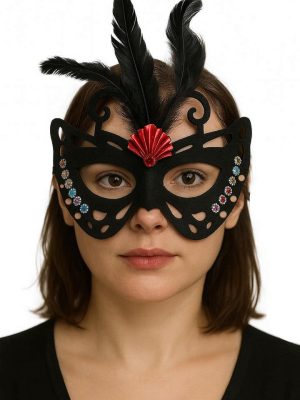 Siyah Renk Siyah Süet Kaplama Tüylü Kelebek Figür Parti Maskesi 24x18 cm