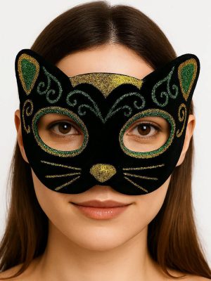 Siyah Kadife Kaplama Üzeri Sarı Yeşil Sim İşlemeli Kedi Maskesi 20x13 cm