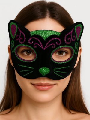 Siyah Kadife Kaplama Üzeri Pembe Yeşil Sim İşlemeli Kedi Maskesi 20x13 cm