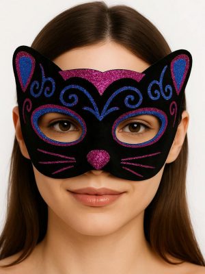 Siyah Kadife Kaplama Üzeri Pembe Mavi Sim İşlemeli Kedi Maskesi 20x13 cm
