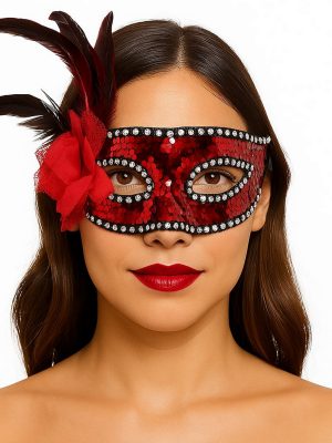 Kırmızı Renk Yandan Tüylü Güllü Gümüş Taşlı Pullu Maske 20x22 cm