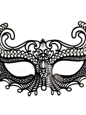 Siyah Renk Lazer Kesim Üzeri Kristal Taşlı Metal Balo Parti Venedik Maskesi