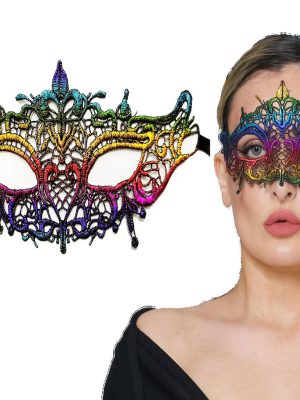 Rengarenk Dantel Kesim Dantel İşlemeli Balo Parti Maskesi Gökkuşağı