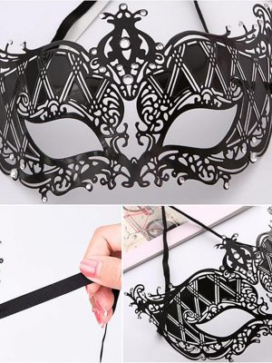 Kristal Gümüş Taşlı Siyah Renk Lazer Kesim Metal Lüks Maske Balo Parti